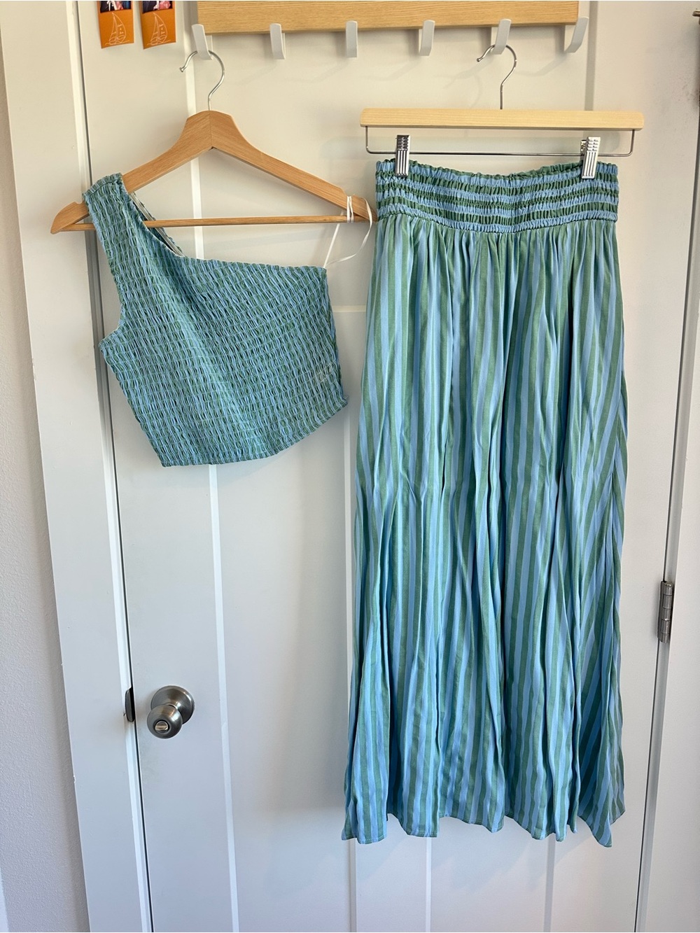 Striped Blue-Green Two-Piece Set - Smocked Top & Maxi Skirt